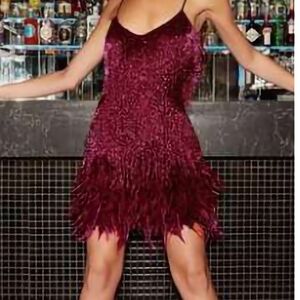 Elegant Burgundy Feathered Dress